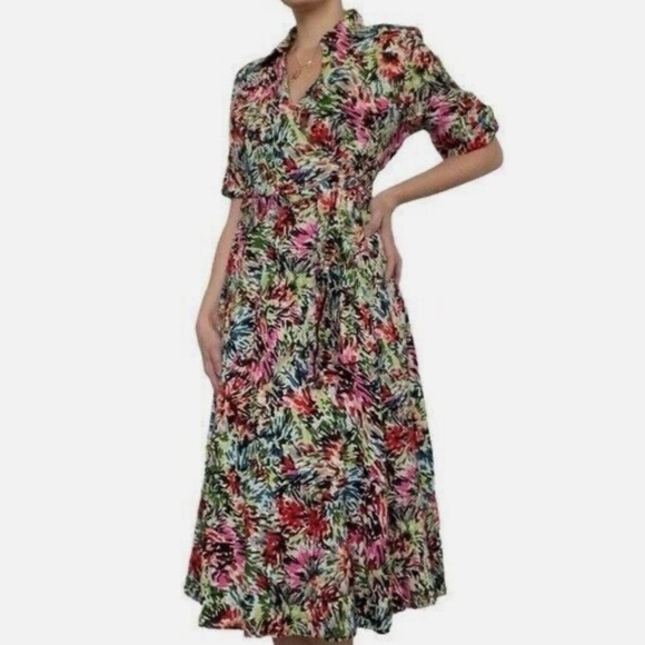 Vtg JG HOOK Dress 100% Linen Faux Wrap Belted Red Multicolor Sz 8P Floral Classy - Picture 7 of 11